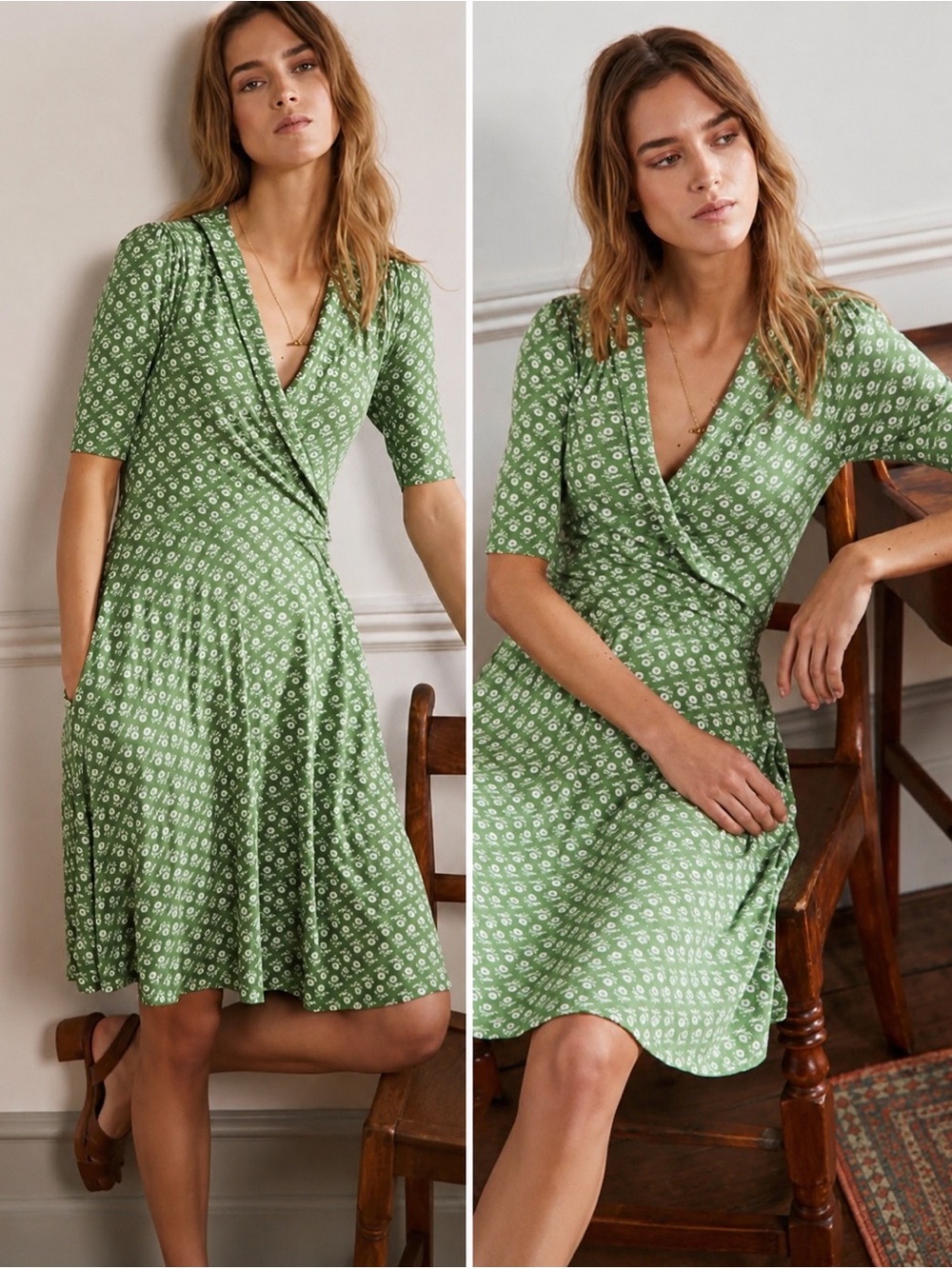 Boden Green Floral Wrap Dress with Pockets